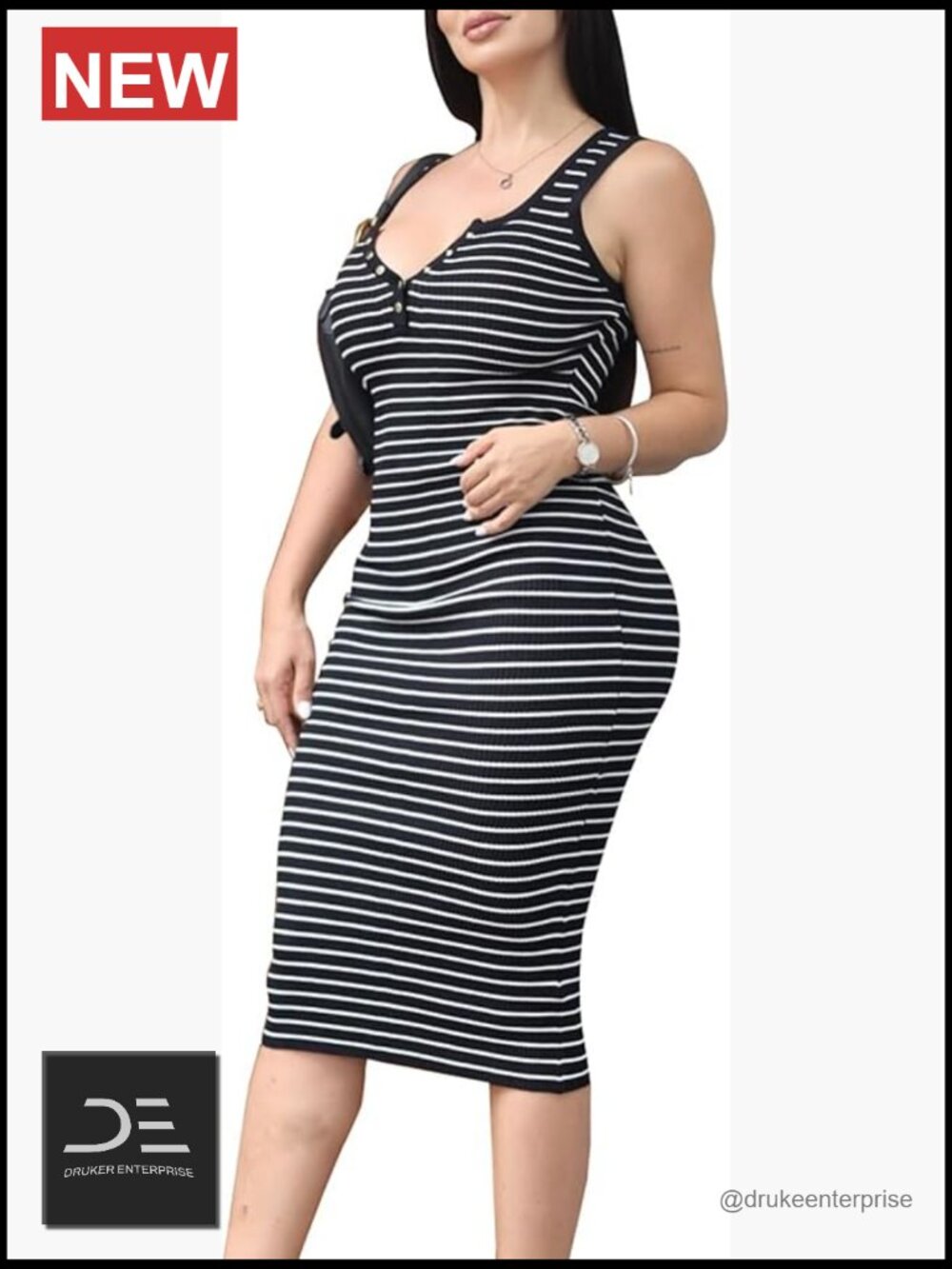 Ribbed Knit Striped Sleeveless Midi Dress V Neck Button Down Casual Party Dress